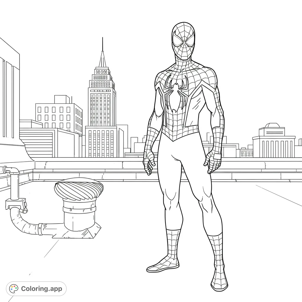 A dynamic Spider-Man stands ready on a city rooftop, his iconic suit detailed with web patterns, overlooking a distant skyscraper. Perfect for superhero fans!
