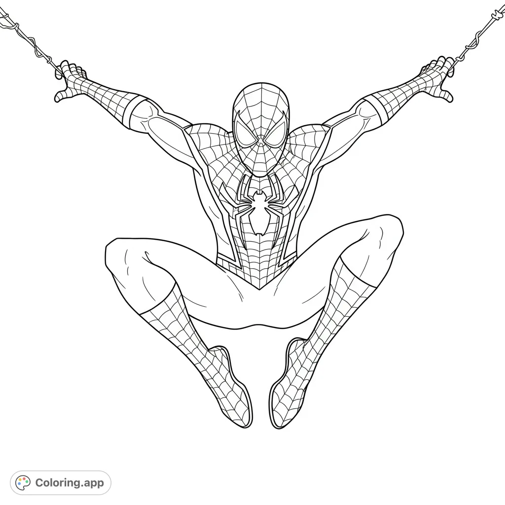 Capture the iconic hero Spider-Man in a dynamic, low-angle leap. Detail his suit's web patterns and spider emblem against a vast, clear sky.