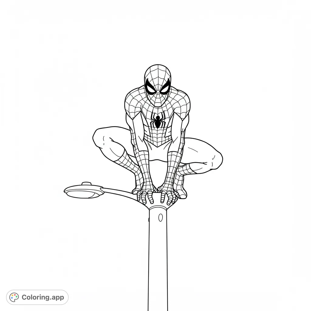 Crouching atop a lamppost, Spider-Man surveys the scene. A dynamic superhero pose on a simple urban structure, perfect for fans to color.