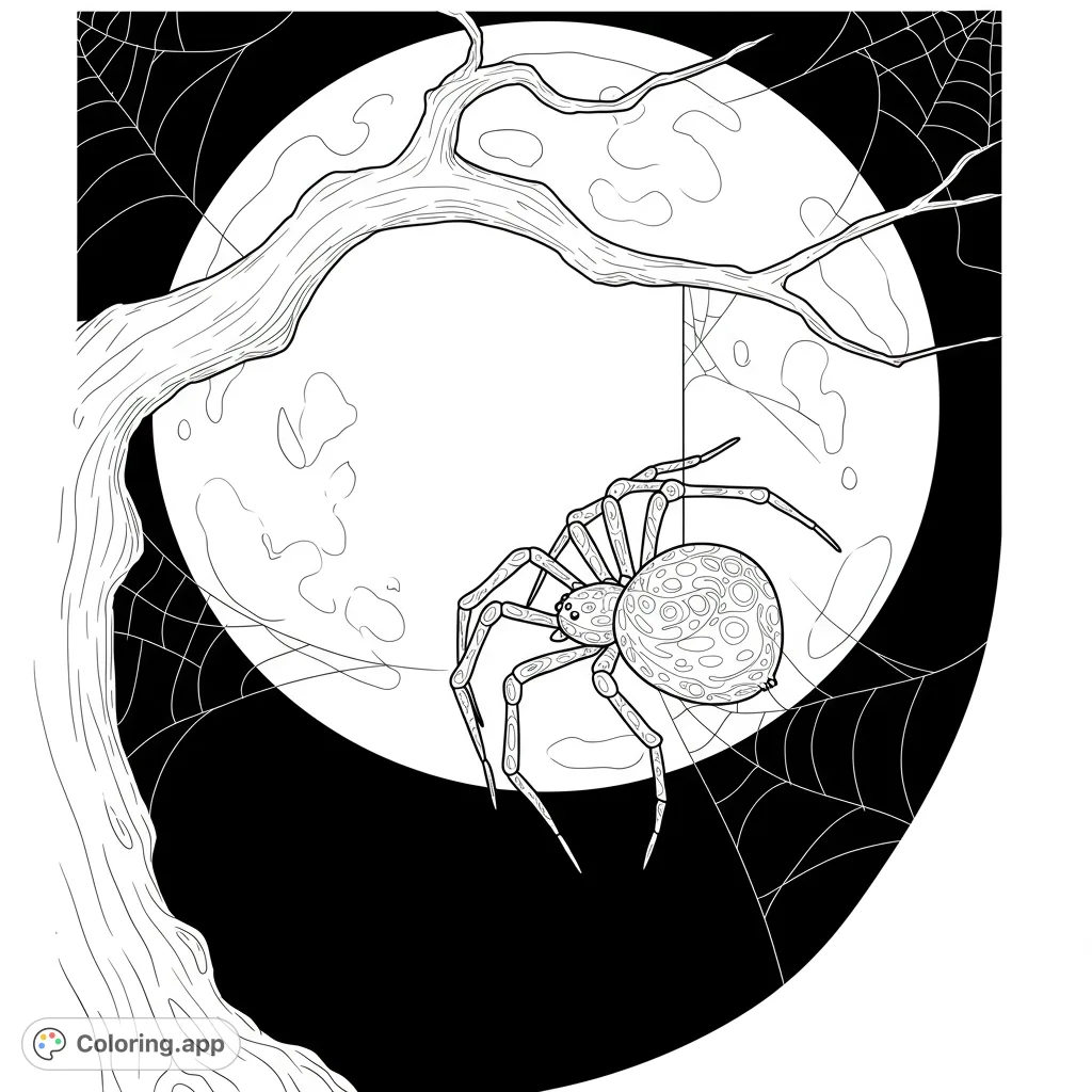 A spooky spider hangs under a gnarled tree branch against a luminous full moon, surrounded by delicate webs. Perfect for Halloween or nature enthusiasts.