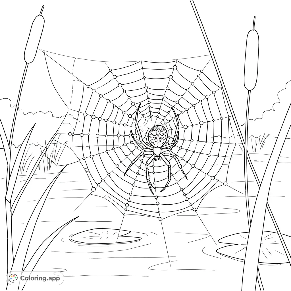 Discover a resilient spider clinging to its intricate web, laden with countless shimmering droplets. A serene pond background adds depth to this detailed nature scene.