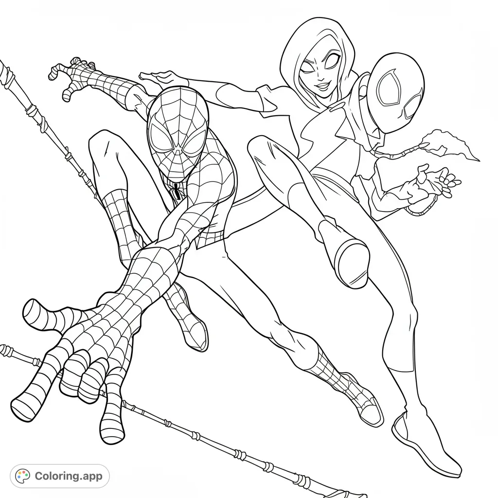 Experience the thrilling teamwork of Young Spidey, Ghost Spider, Spin, and Trace-E in this dynamic close-up action scene, ready for your creative touch!