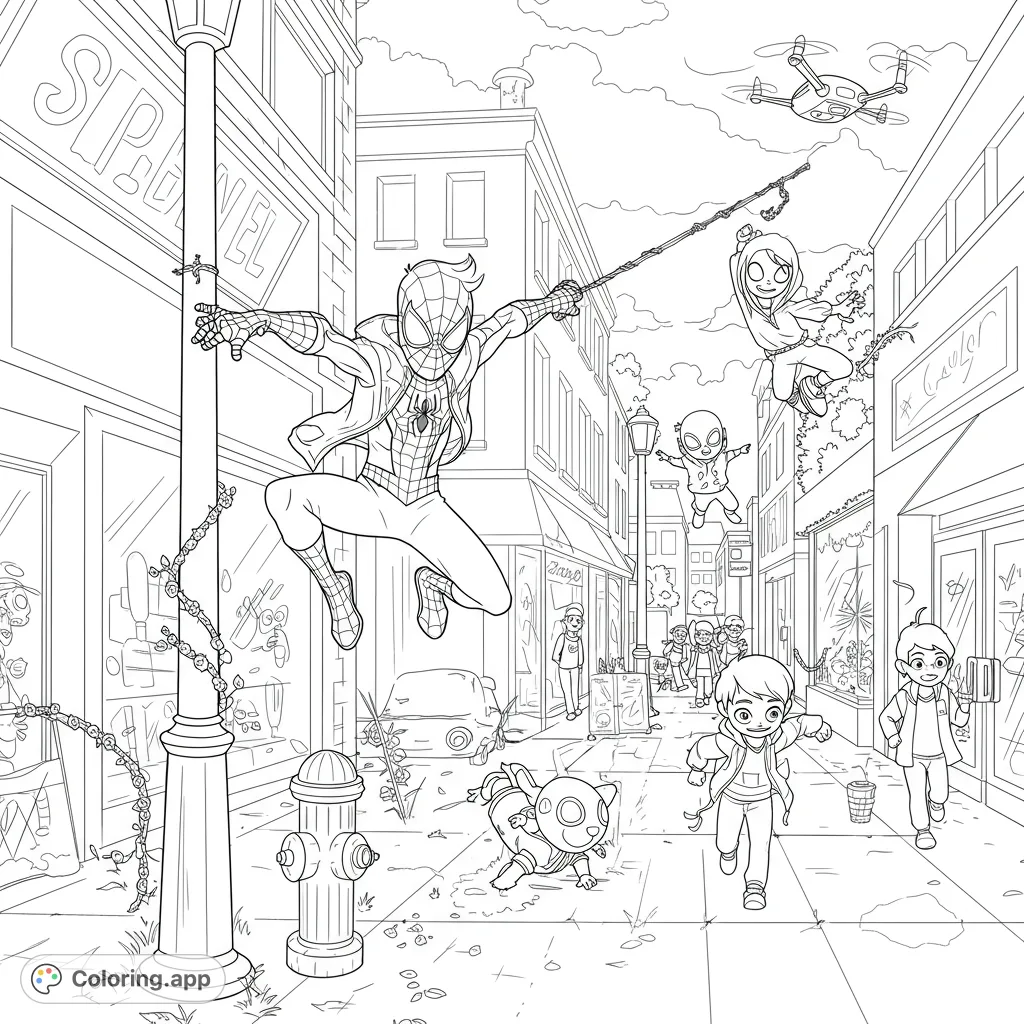 Join Young Spidey and friends in a thrilling urban chase! This dynamic coloring page features web-slingers, a drone, and a bustling city street.