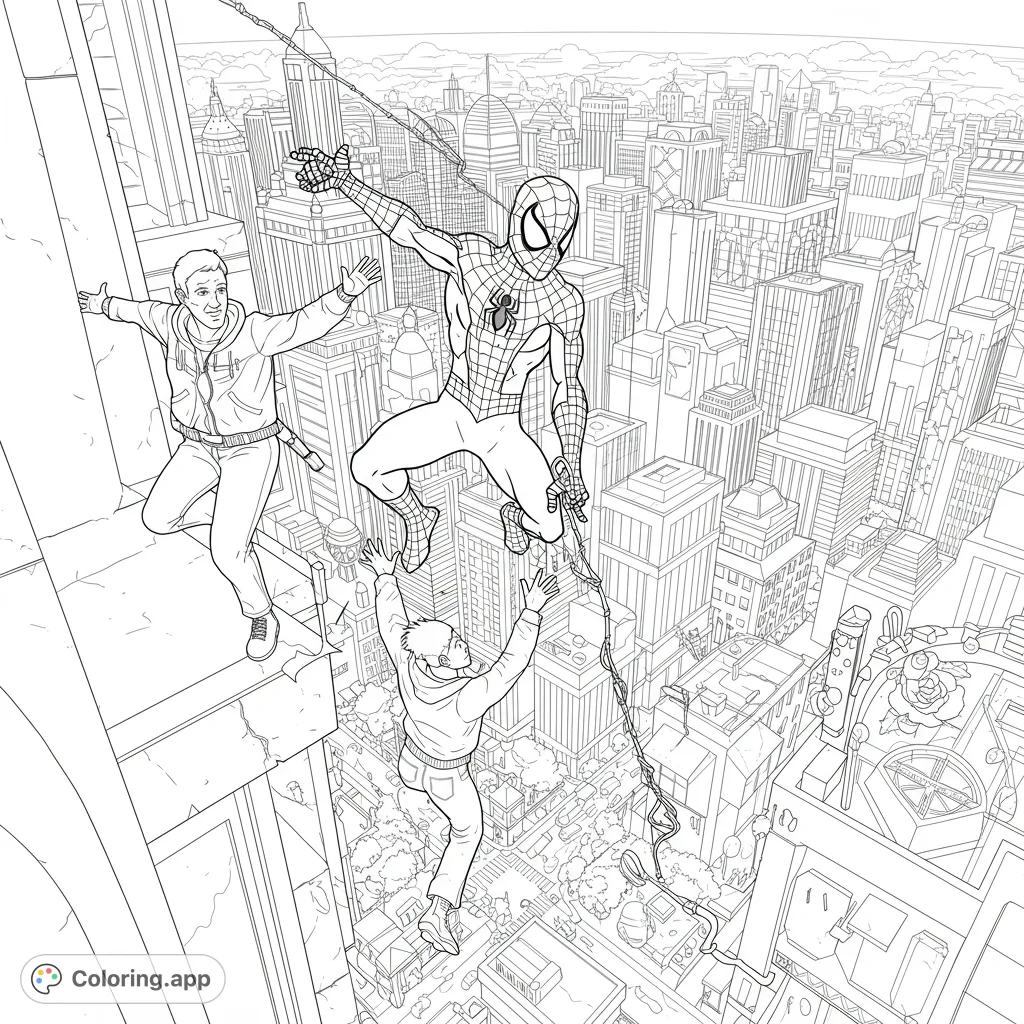Join Spidey in a thrilling high-rise rescue! A dynamic scene with friends, a web line, and a sprawling city below, perfect for an action-packed coloring adventure.