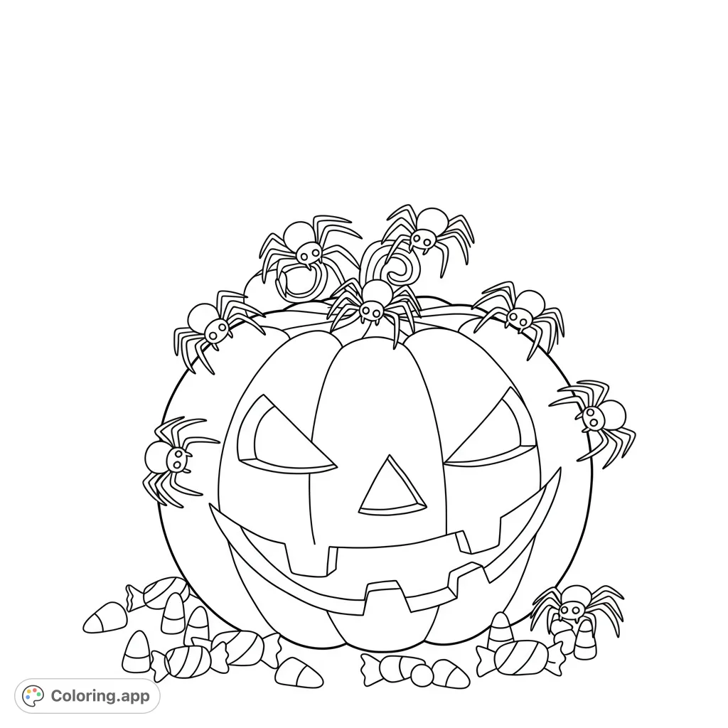 A fun Halloween coloring page featuring a grinning jack-o'-lantern covered in spiders and surrounded by candy. Perfect for spooky season fun!