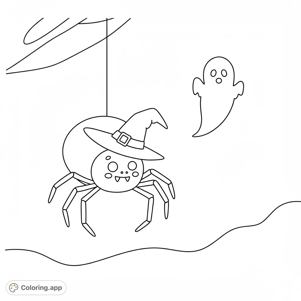 A cute spider in a witch hat hangs with a friendly ghost. Perfect Halloween coloring page for kids, free printable fun!