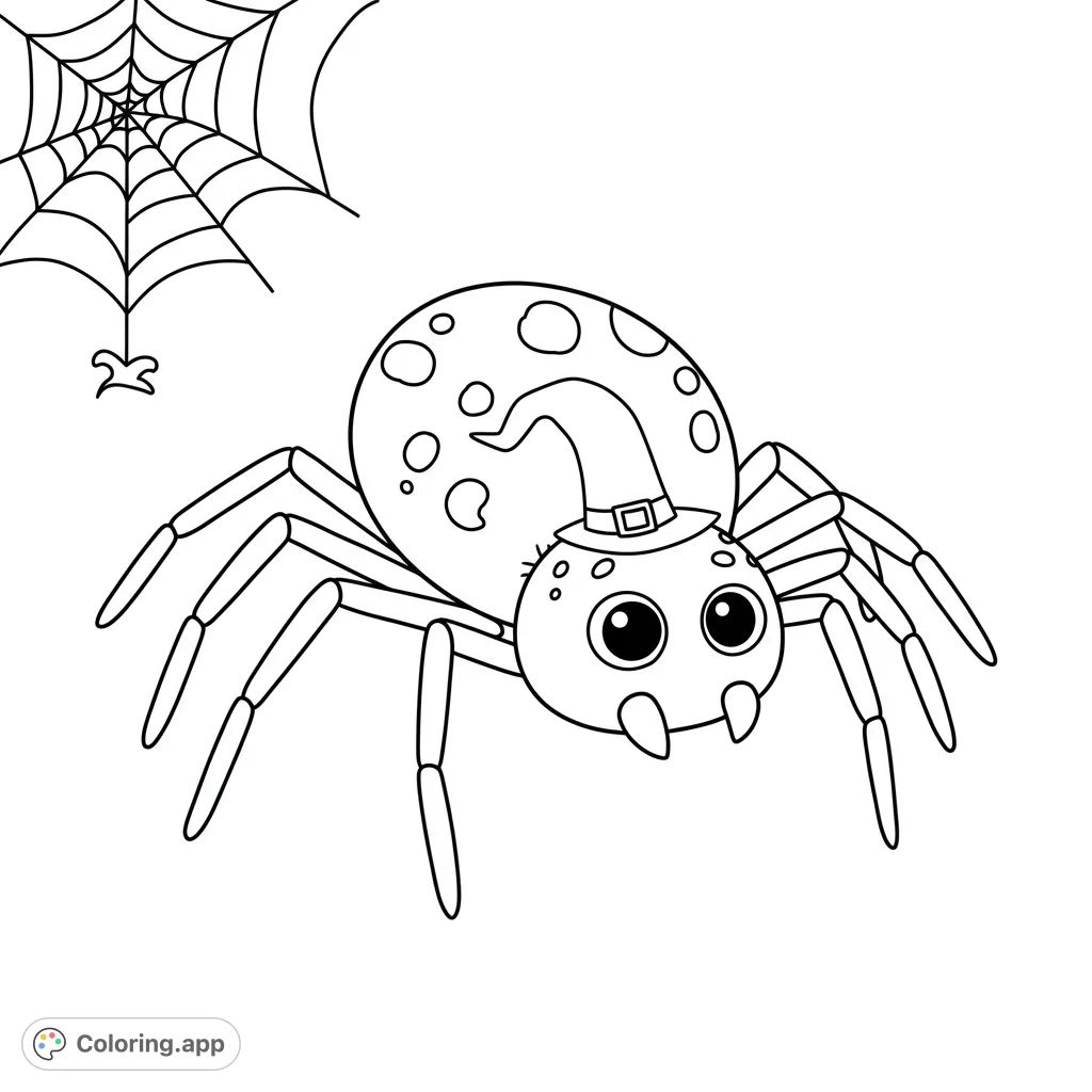 A charming Halloween spider coloring page featuring a friendly, spotted spider wearing a witch hat, with a classic spiderweb and bat. Perfect for spooky fun!