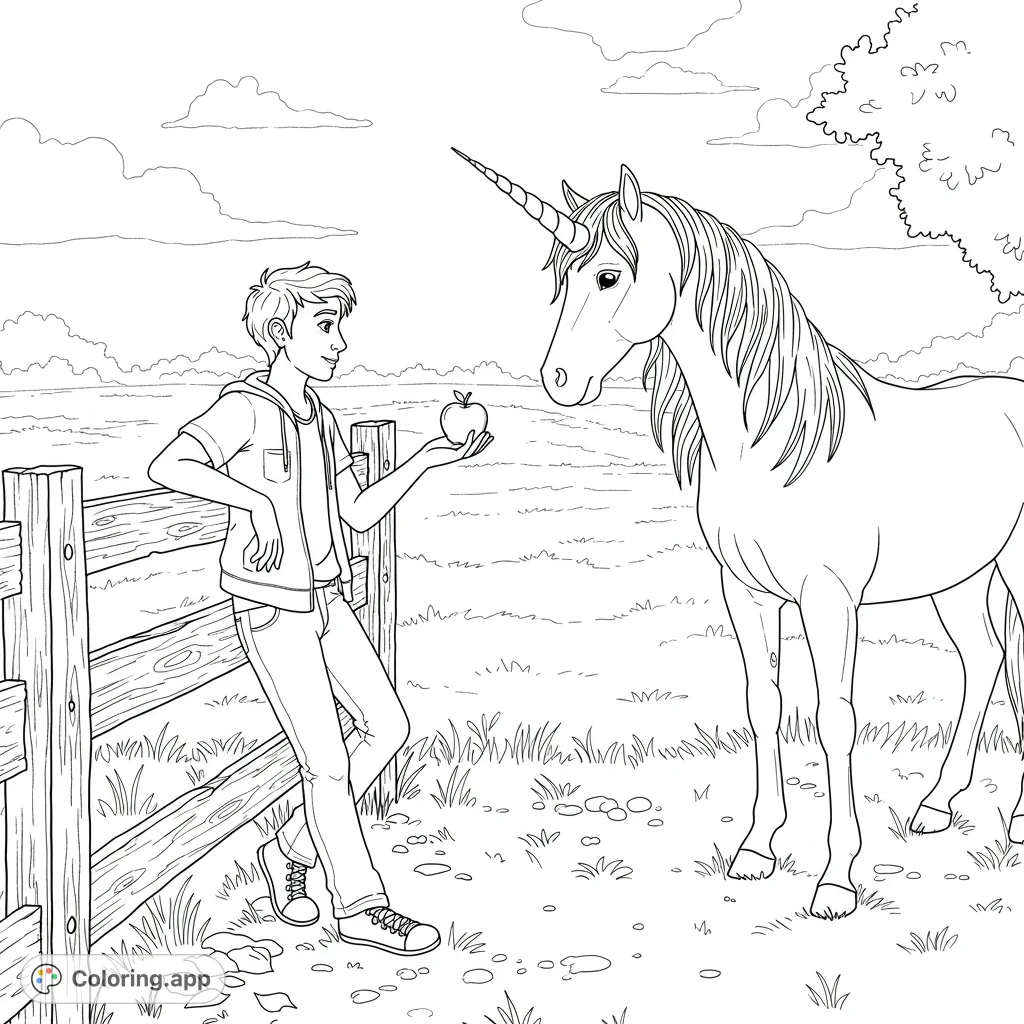 An enchanting scene of a teenager offering an apple to a curious unicorn by a weathered fence, set against a vast, open pasture. A magical bond.