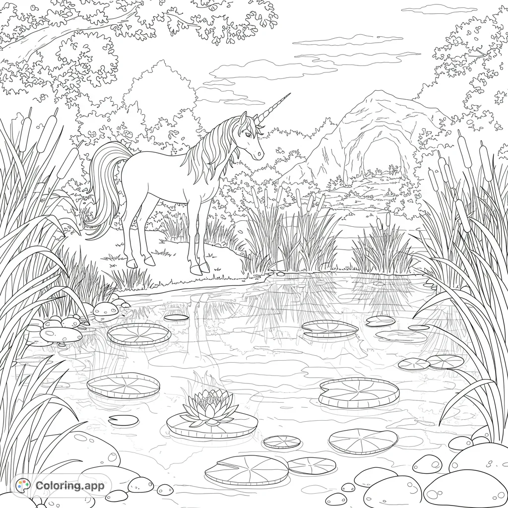 Discover a majestic unicorn at a shimmering pond's edge, its reflection visible. Featuring luminescent lily pads, tall reeds, and a glowing cave entrance.