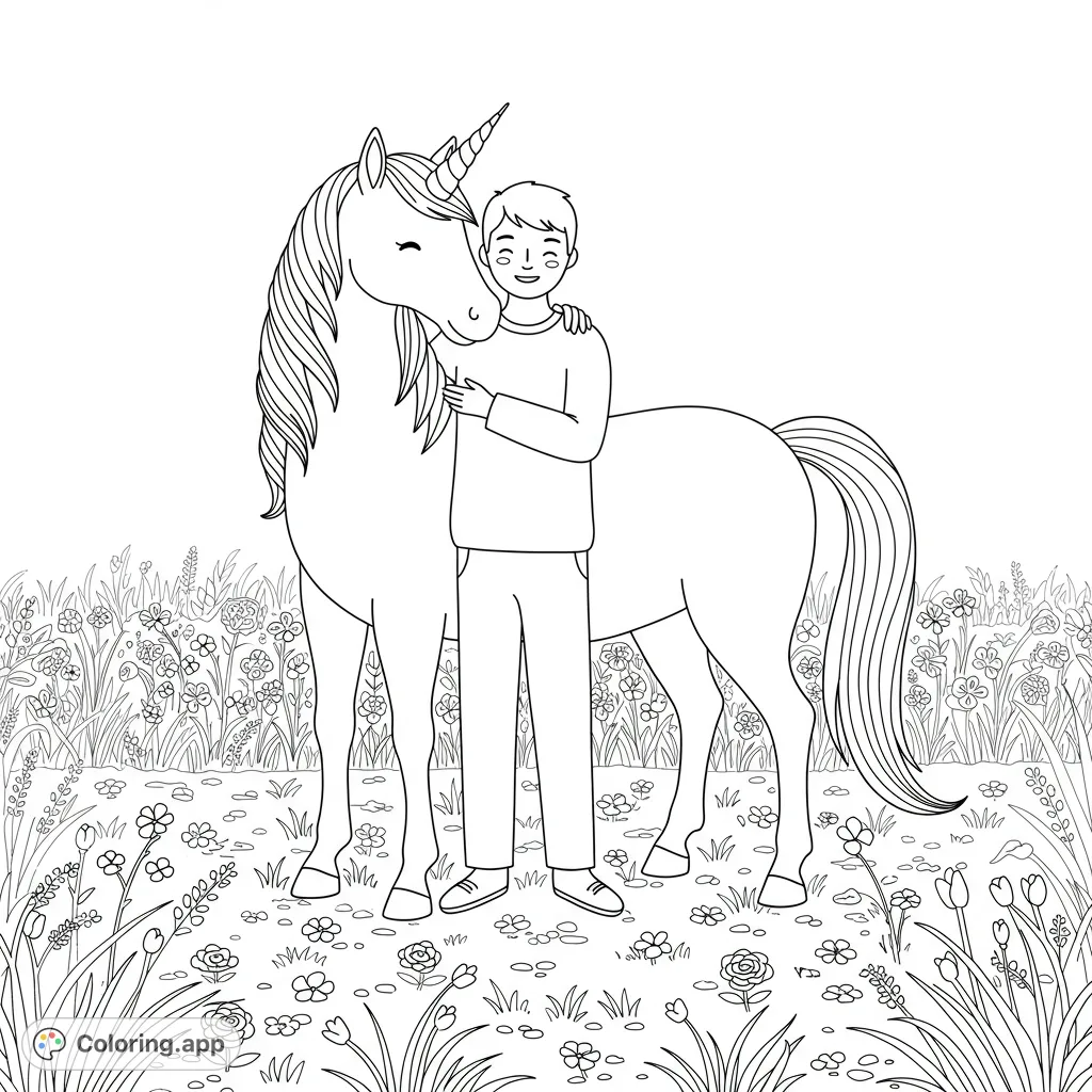 A heartwarming scene of a human and a playful unicorn sharing a tender moment in a flower-filled field. Perfect for fantasy lovers and dreamers.