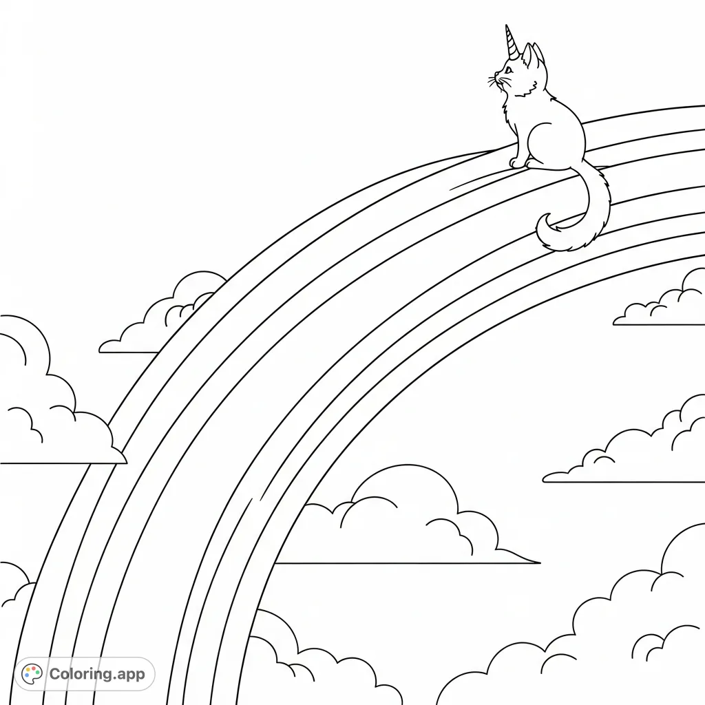 A charming unicorn kitty with a spiraling horn perches atop a grand rainbow, observing soft clouds. A whimsical fantasy coloring page for delightful artistic escape.