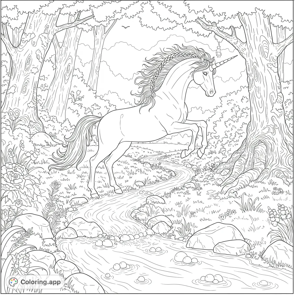 A majestic unicorn leaps gracefully over a bubbling stream, surrounded by ancient trees and river stones, inviting a magical coloring adventure.