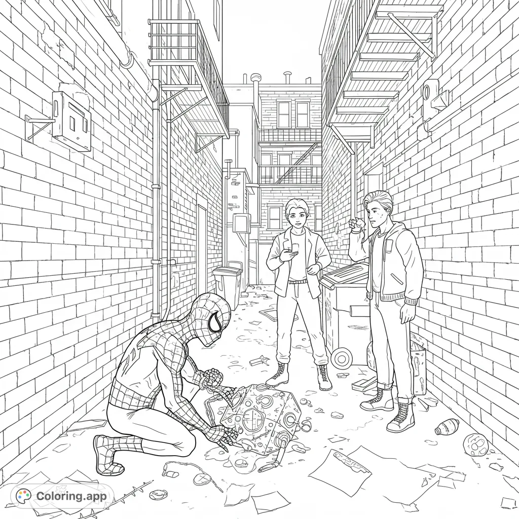 Join a web-slinging hero and friends as they uncover a mysterious object in a detailed urban alleyway, perfect for an adventurous coloring page.