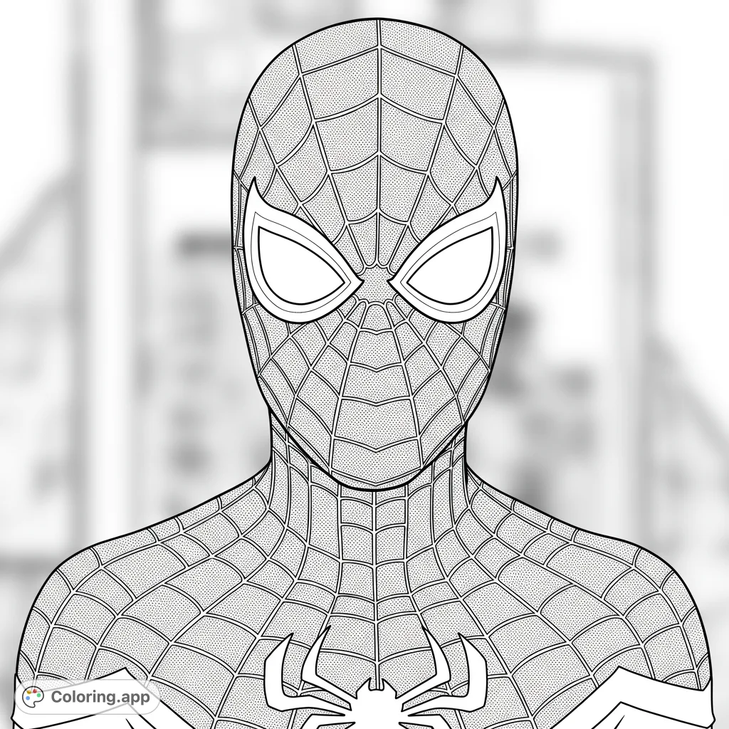 Dive into the intricate details of a masked hero's suit, featuring a dense web pattern, expressive eyes, and a subtle chest emblem. Perfect for fans!
