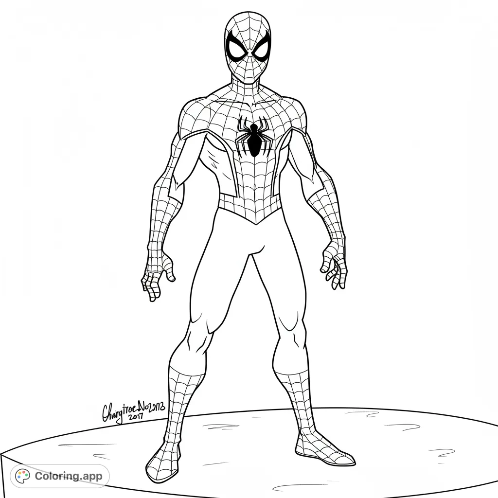 Color the iconic web-slinger in a dynamic pose, ready for action. Featuring detailed suit patterns and expressive eyes against a simple background.