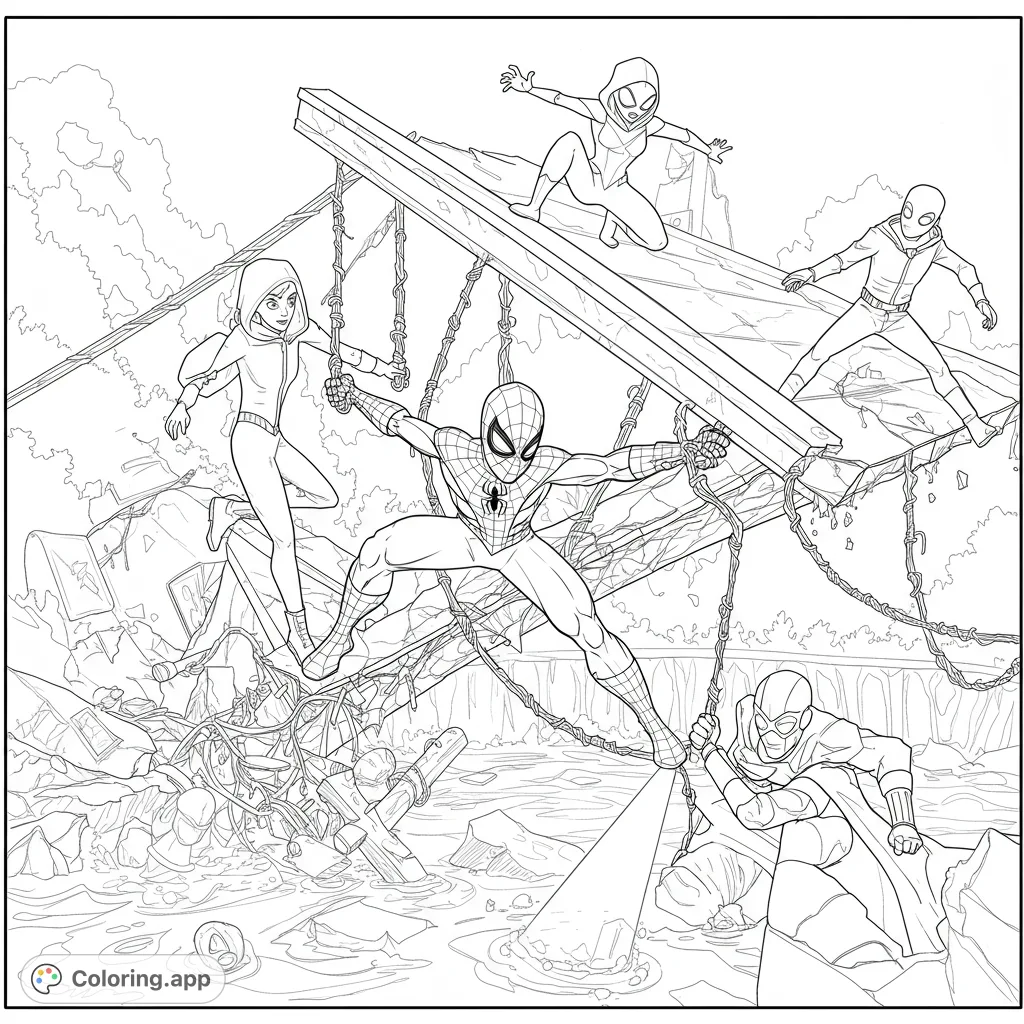 Join Young Spidey, Ghost Spider, Spin, and Trace-E as they heroically work together to save a collapsing bridge over a flowing river. A dynamic superhero teamwork scene.