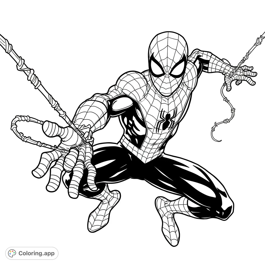 Capture the thrilling action of a web-slinging hero in a dynamic pose, ready to launch. Detailed suit patterns and focused eyes await your creative touch.