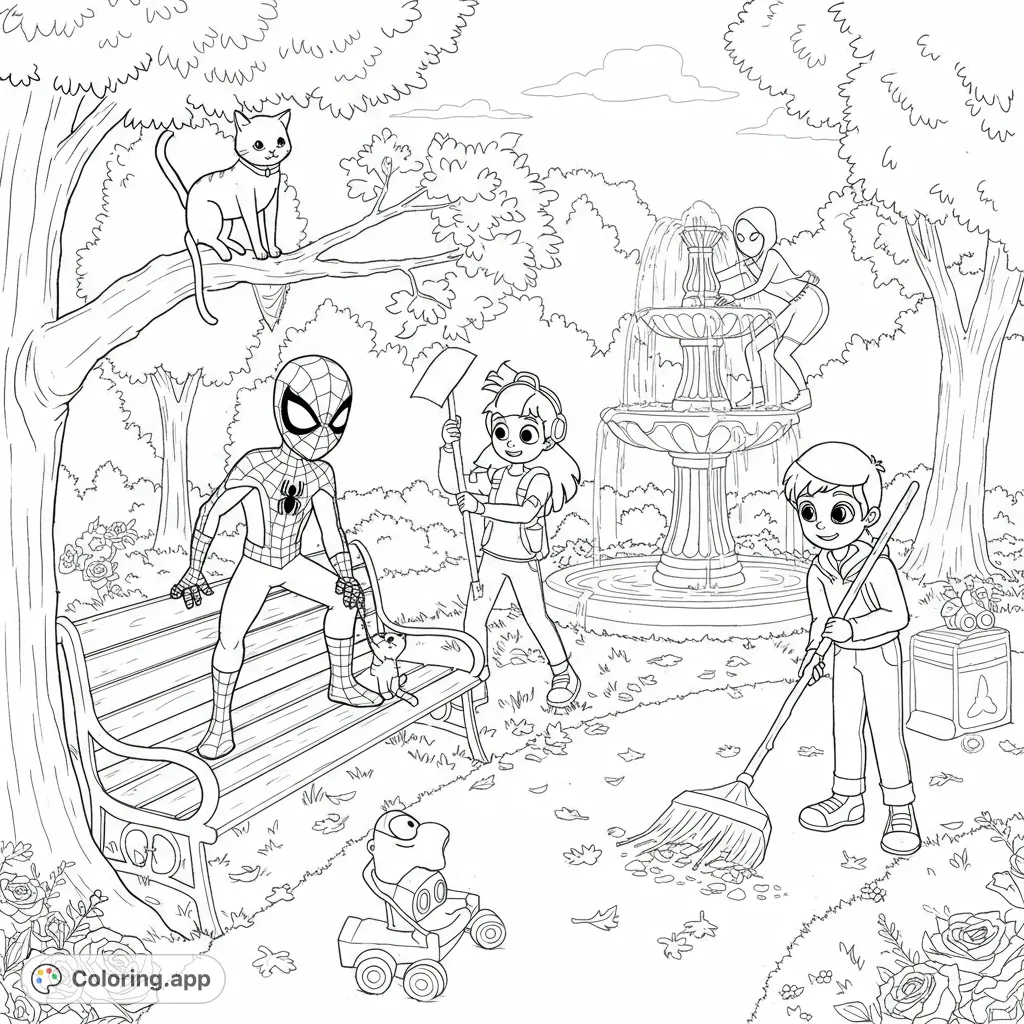 Join young heroes Spidey, Ghost Spider, Spin, and Trace-E as they perform acts of kindness in a bustling park, perfect for a fun coloring adventure.