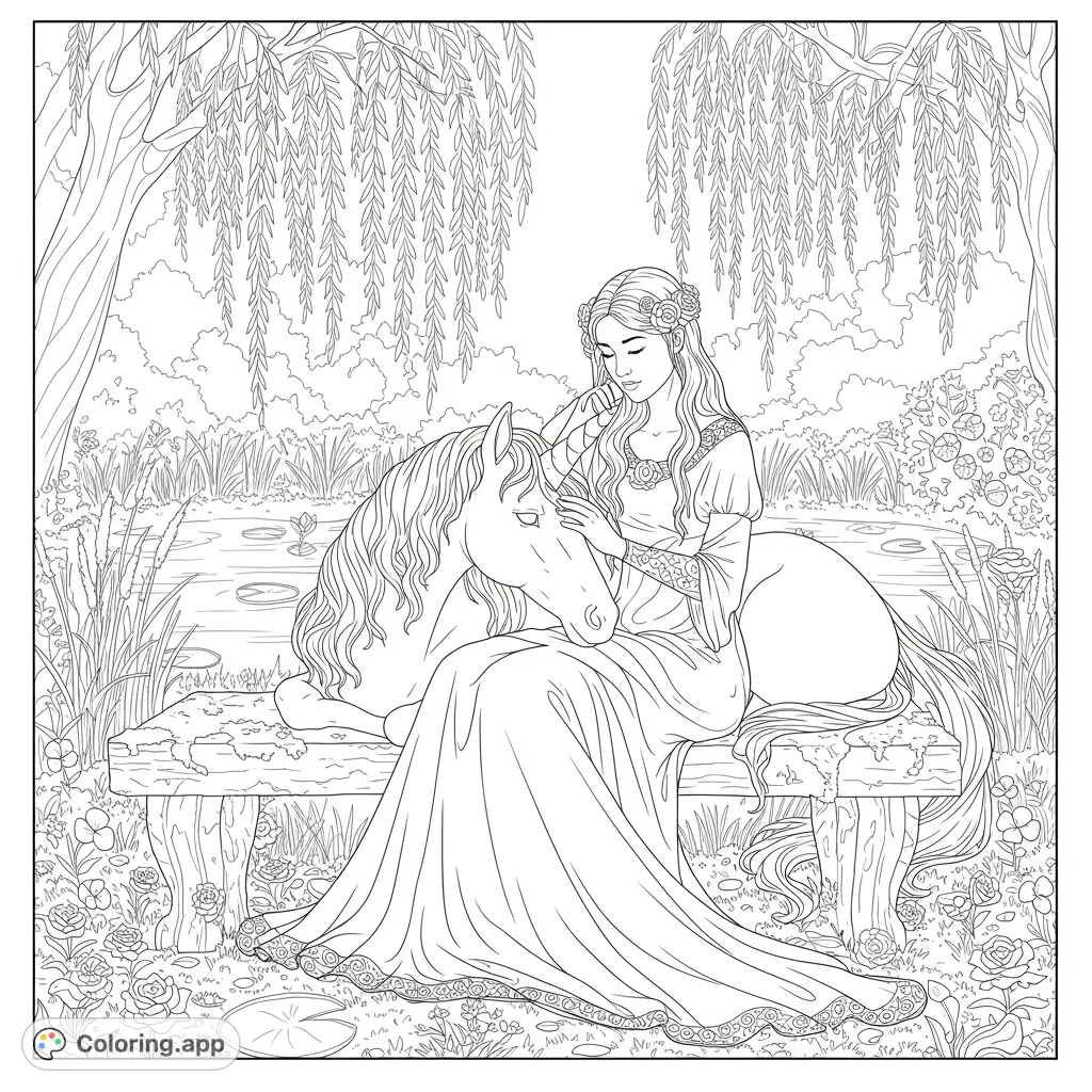 A serene woman gently caresses a unicorn by a tranquil pond, surrounded by weeping willows. A magical scene for peaceful coloring.
