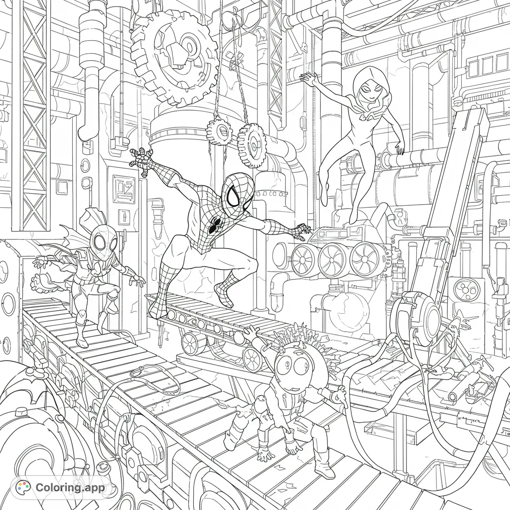 Join Young Spidey, Ghost Spider, Spin, and Trace-E in a thrilling factory rescue! A dynamic scene filled with gears, robots, and industrial machinery.