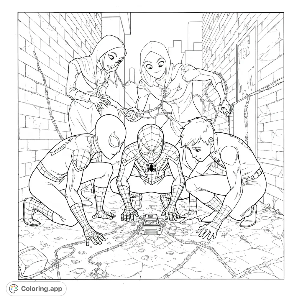 Join Young Spidey, Ghost Spider, Spin, and Trace-E in a dynamic huddle, focused on a mysterious device in a detailed alleyway scene. Perfect for young heroes!