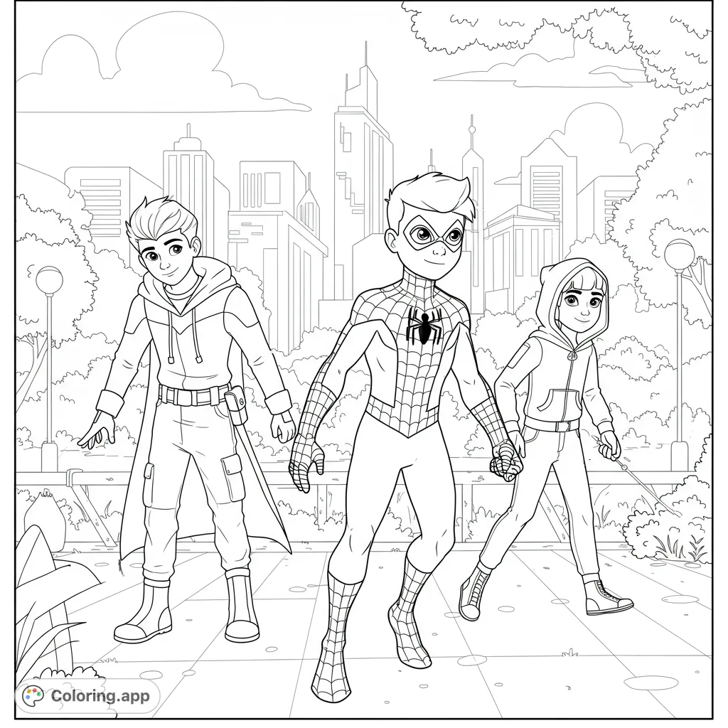 Join a dynamic superhero team, including Spider-Man, on an urban adventure. A free printable superhero team coloring page for kids and adults.