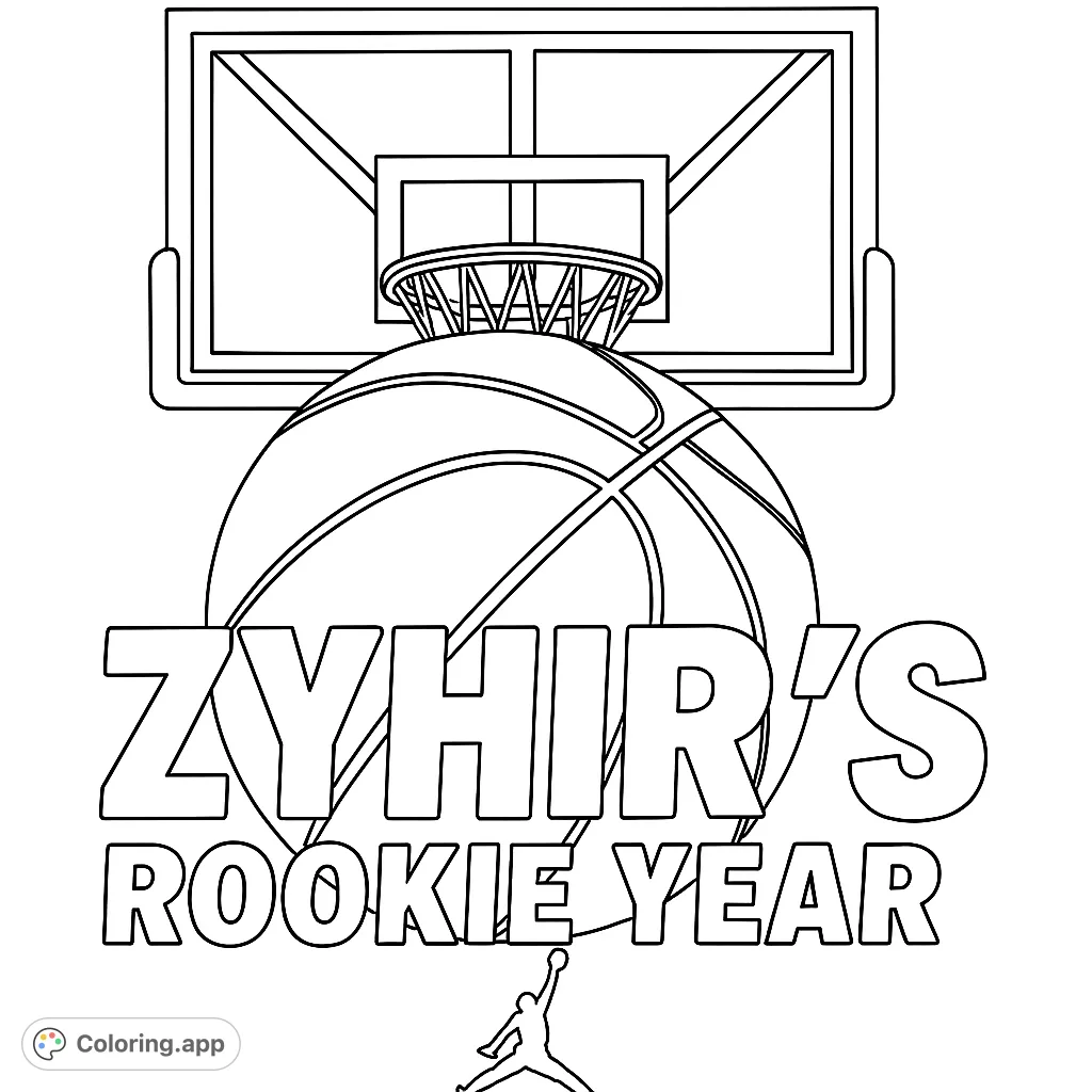 Dynamic basketball scene featuring a hoop, net, and a large basketball. Perfect for sports fans to color and customize.