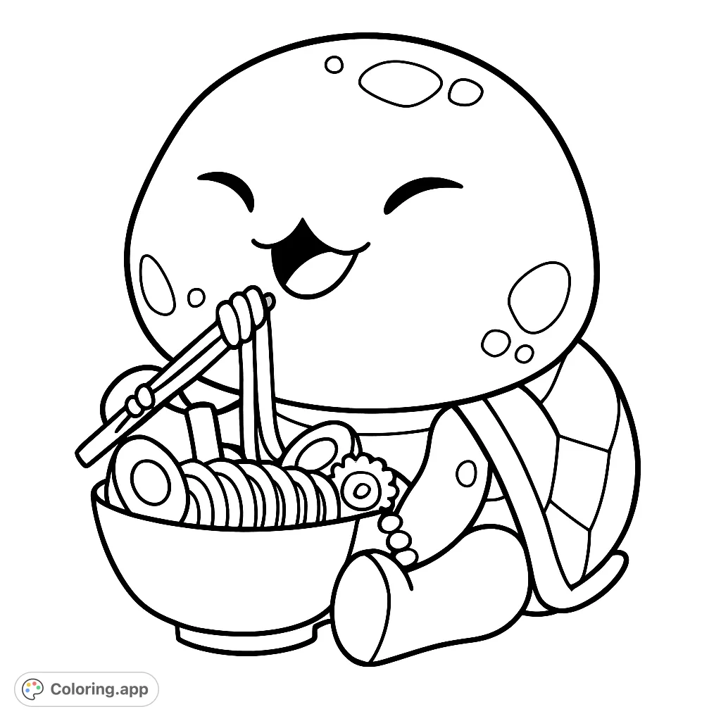 Adorable turtle happily slurping ramen noodles with chopsticks. A delightful free printable turtle ramen coloring page for kids and adults.