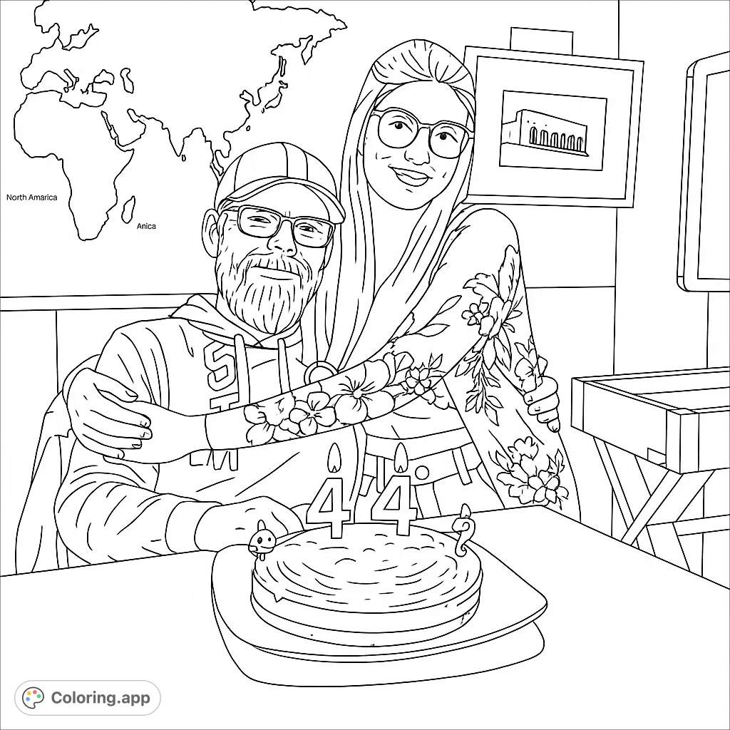 Celebrate a special moment with this heartwarming birthday coloring page featuring a happy couple and a festive cake, perfect for all ages.