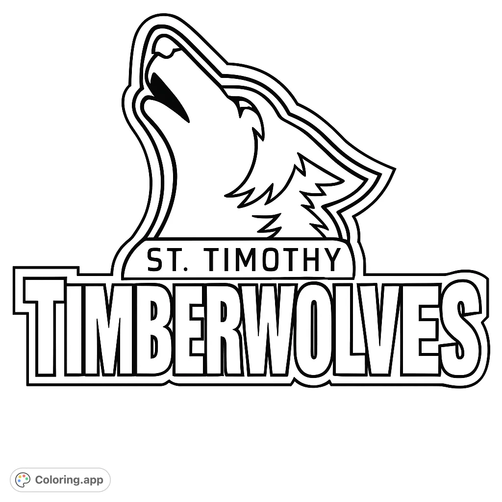 A bold St. Timothy Timberwolves logo featuring a howling wolf head and strong block lettering, perfect for school spirit coloring.