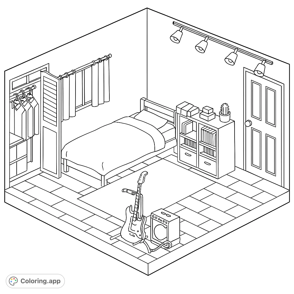 Explore a cozy isometric bedroom coloring page featuring a bed, wardrobe, bookshelf, and an electric guitar. Perfect for relaxation and creativity.