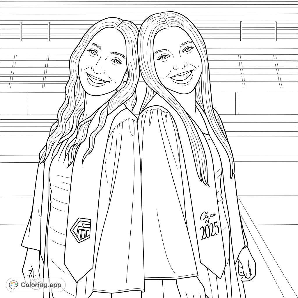 Two smiling graduates in gowns and stoles, celebrating their achievement. A free printable graduation coloring page for all ages.