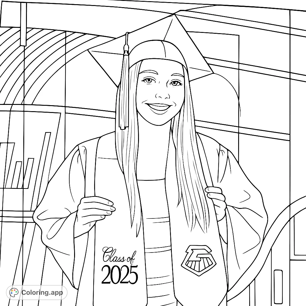 A vibrant graduation coloring page featuring a smiling student in cap and gown, ready to celebrate achievement. Perfect free printable coloring page for all ages.