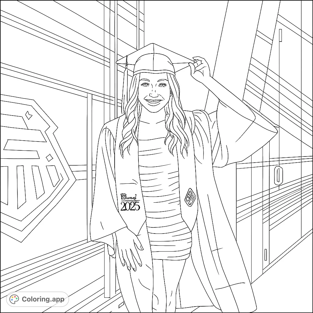 Joyful graduation coloring page with a smiling student in cap and gown, perfect for celebrating academic achievement and future dreams.