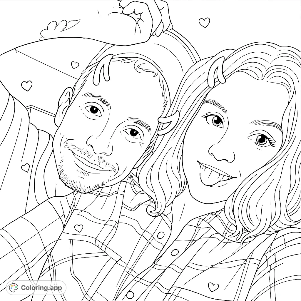 A heartwarming couple selfie coloring page, perfect for celebrating love and connection. Features a smiling man and woman, ideal for personalizing with vibrant colors.