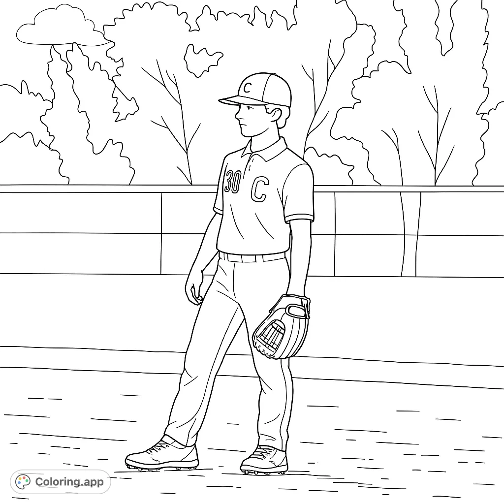 A detailed baseball player coloring page featuring a young athlete in uniform on the field, ready for action. Free printable sports coloring page.
