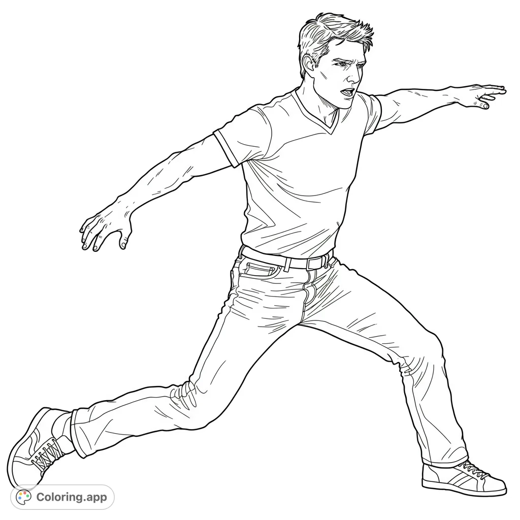 Dynamic action pose coloring page featuring a man mid-stride with outstretched arms and an expressive face, perfect for creative expression and focus.