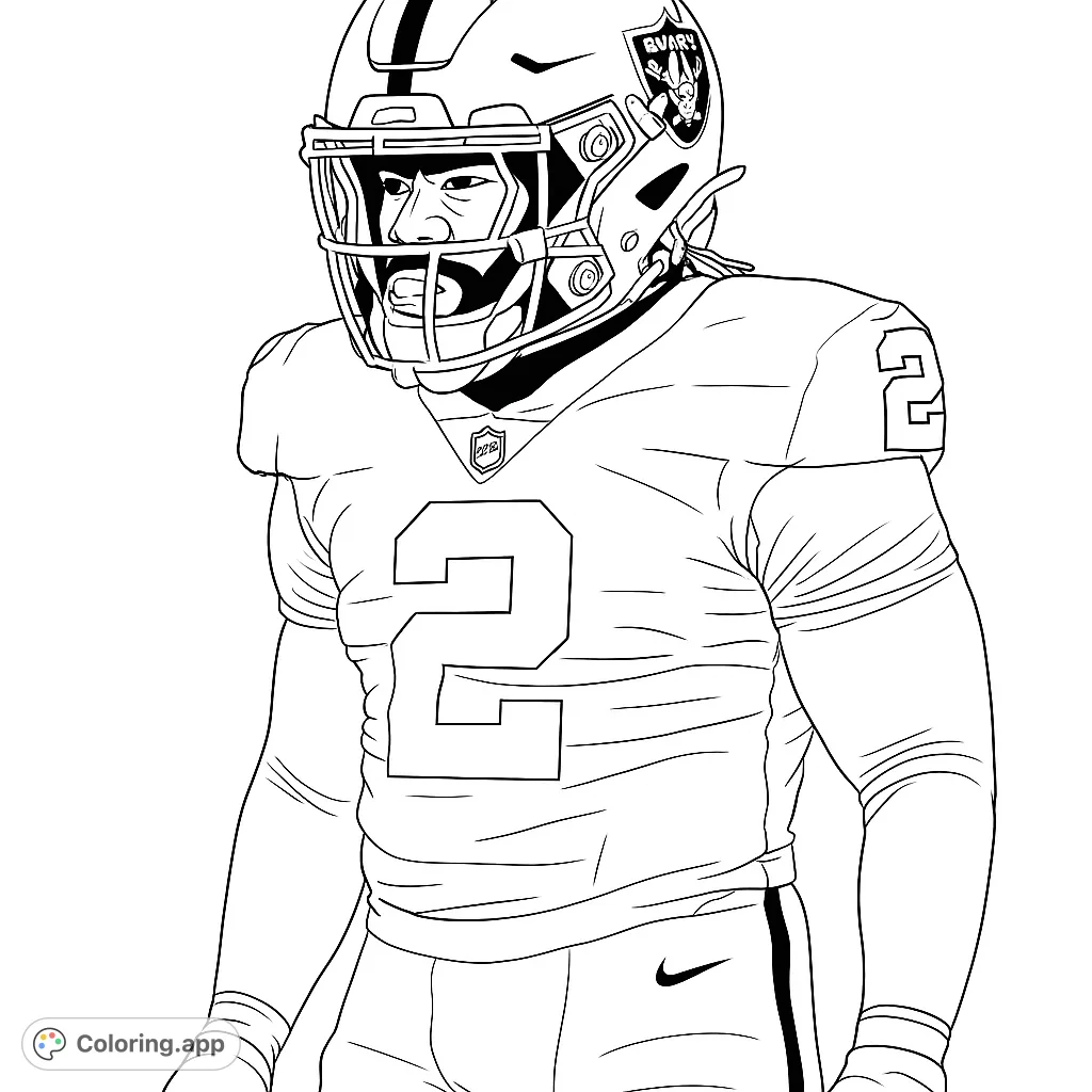 Dynamic football player coloring page in full uniform, featuring helmet, jersey number 2, and team logos. Perfect for sports fans and aspiring athletes.