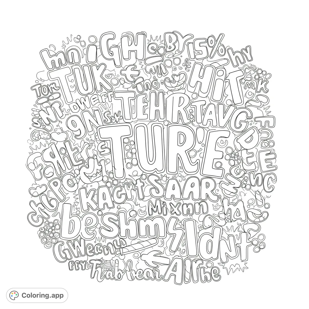 Dive into an intricate abstract coloring page featuring a dense circular pattern of stylized, interlocking shapes. Perfect for creative expression.
