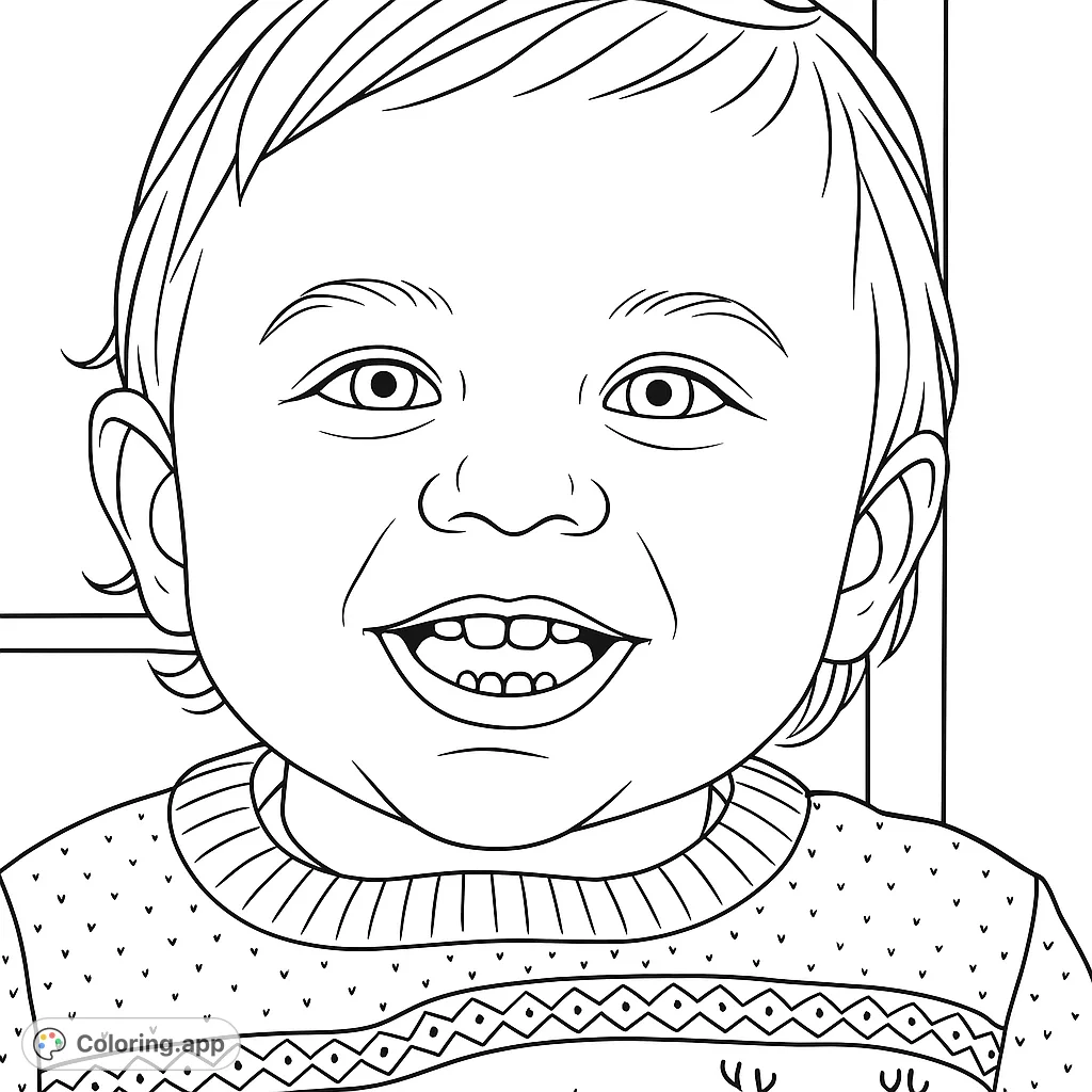 A heartwarming baby portrait coloring page, capturing a wide, joyful smile and bright eyes, ideal for all ages to personalize.