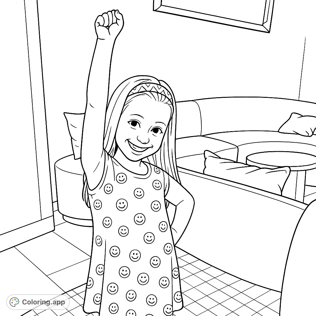 A joyful girl in a smiley face dress raises her fist in triumph, ready for a burst of color. Free printable coloring page for kids!