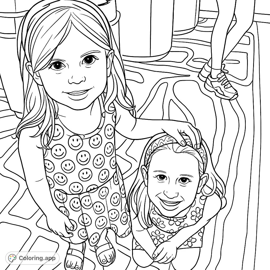 Two happy girls, one in a smiley face dress, the other with a floral top, look up with bright smiles. A heartwarming kids coloring page.