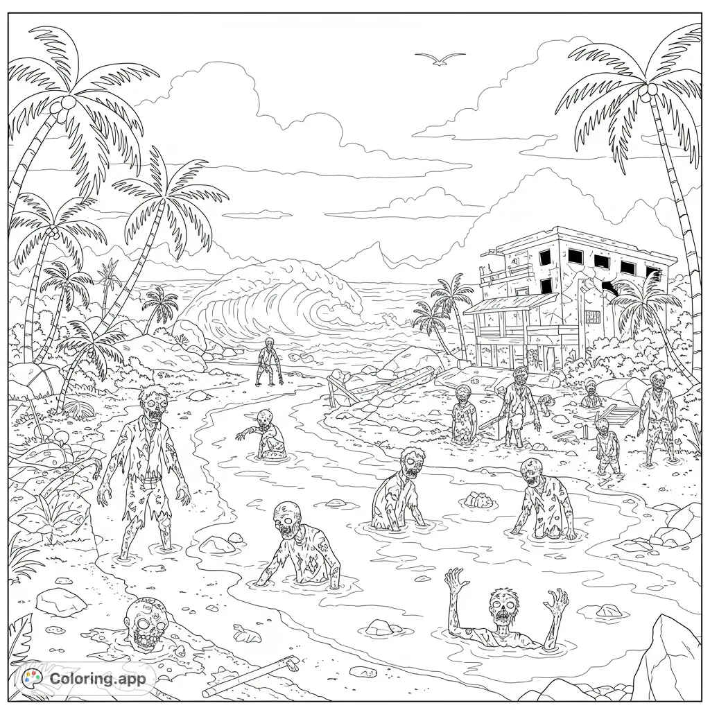 A thrilling zombie apocalypse coloring page featuring undead rising from a tropical beach amidst palm trees and a ruined resort. Perfect for horror fans!