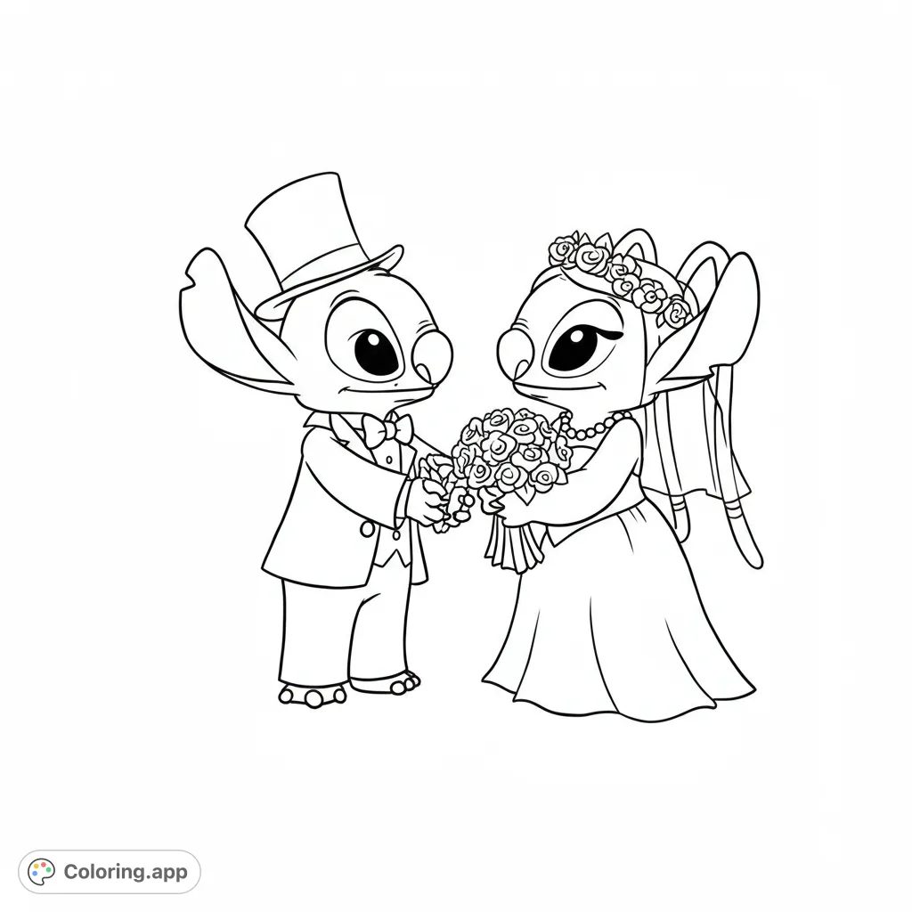 An adorable alien wedding coloring page, featuring beloved characters in formal attire with a detailed bouquet. Free printable for all ages.
