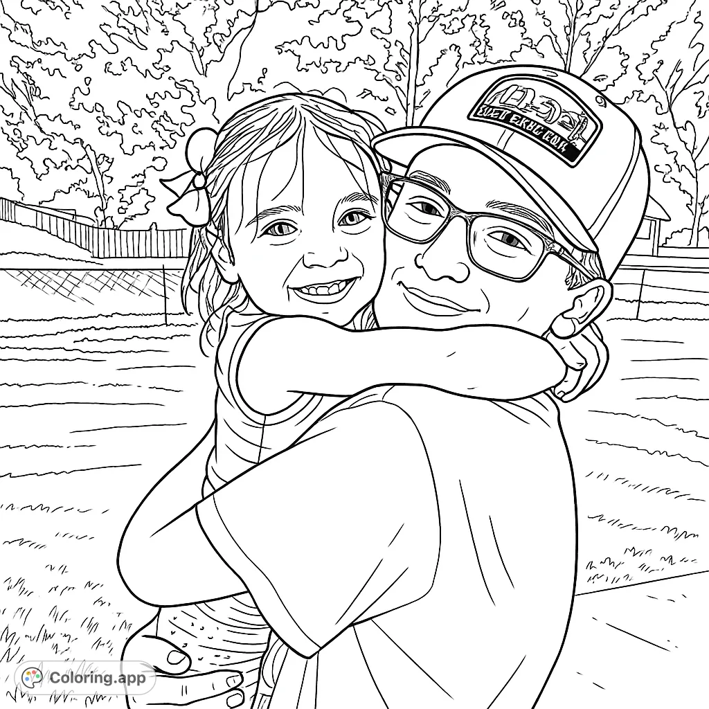 A heartwarming free printable family bonding coloring page featuring a man and a young girl in a joyful embrace, perfect for all ages.