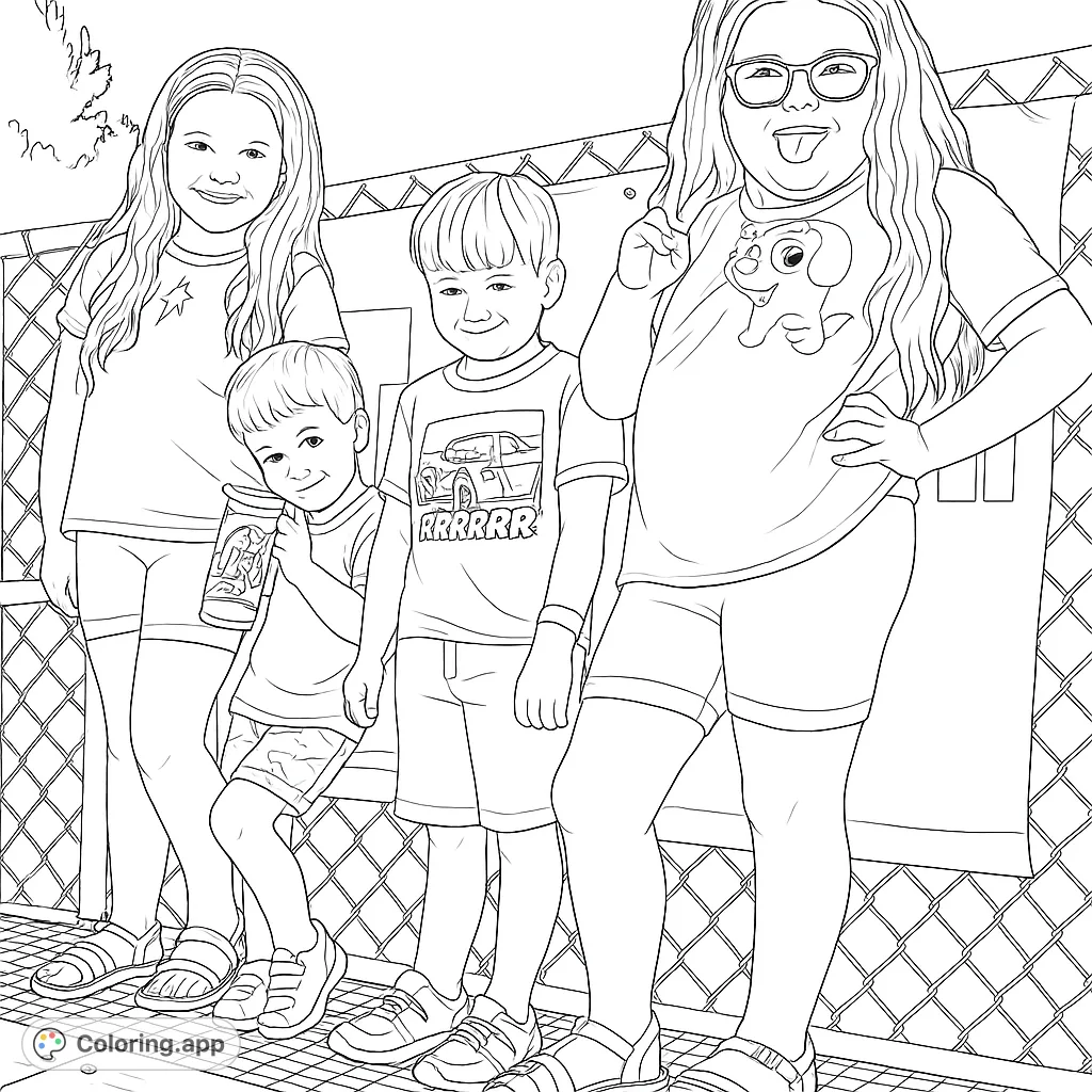 A lively group of four kids, two girls and two boys, posing happily against a chain-link fence, ready for a fun coloring adventure.