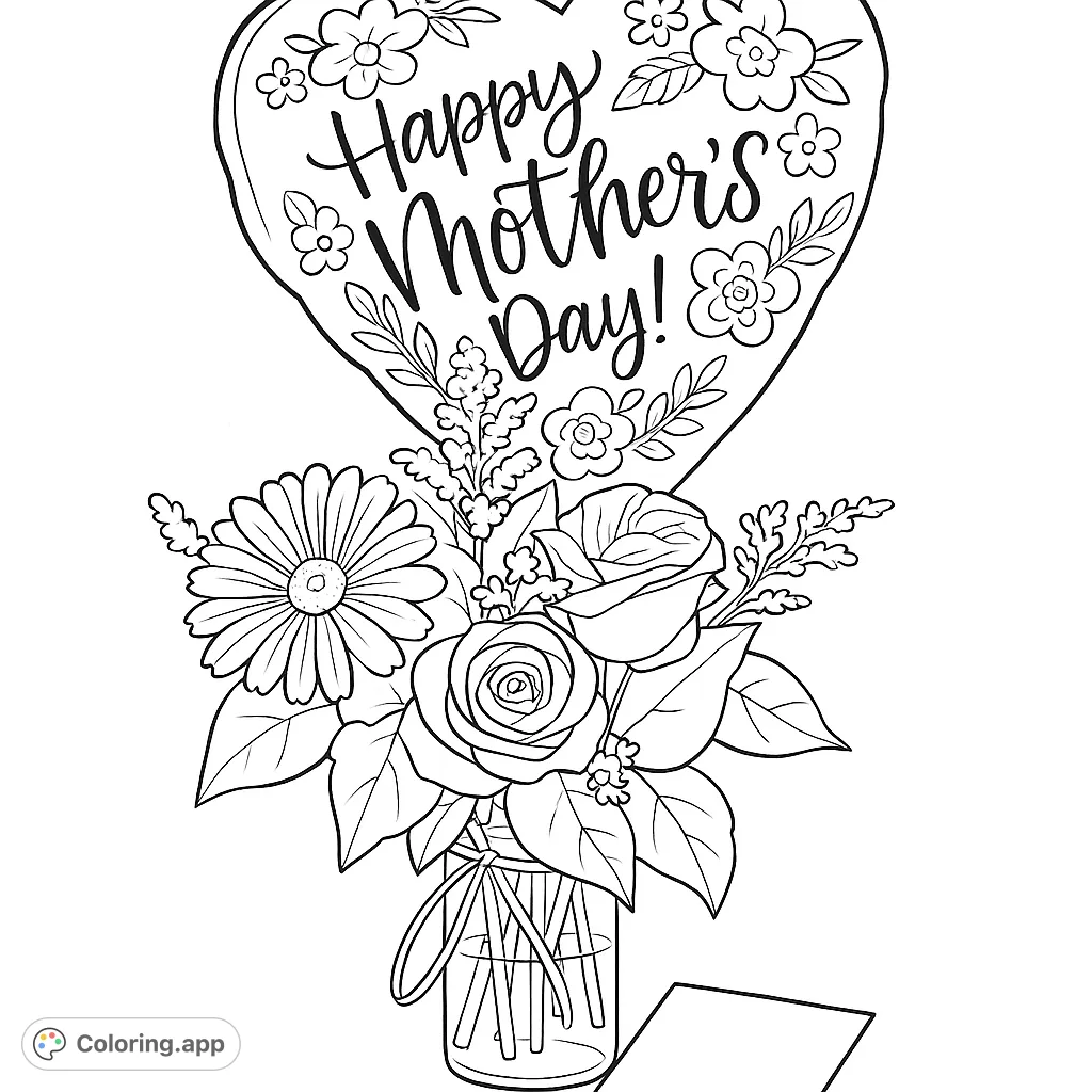 Celebrate with this beautiful Mother's Day floral bouquet coloring page. Features a heart, roses, and a daisy in a vase, perfect for a heartfelt gift.