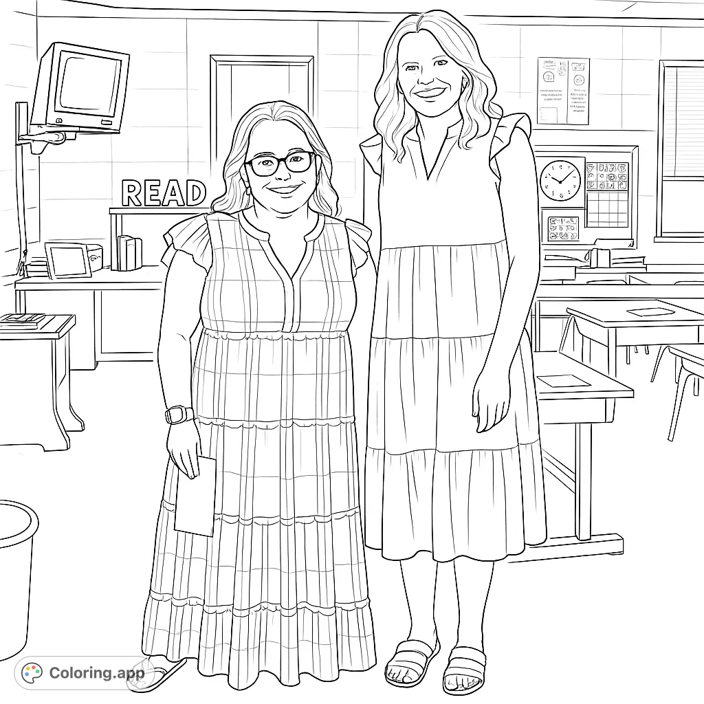 Two friendly teachers in a detailed classroom, ready for a fun coloring adventure. A perfect free printable classroom coloring page for all ages!