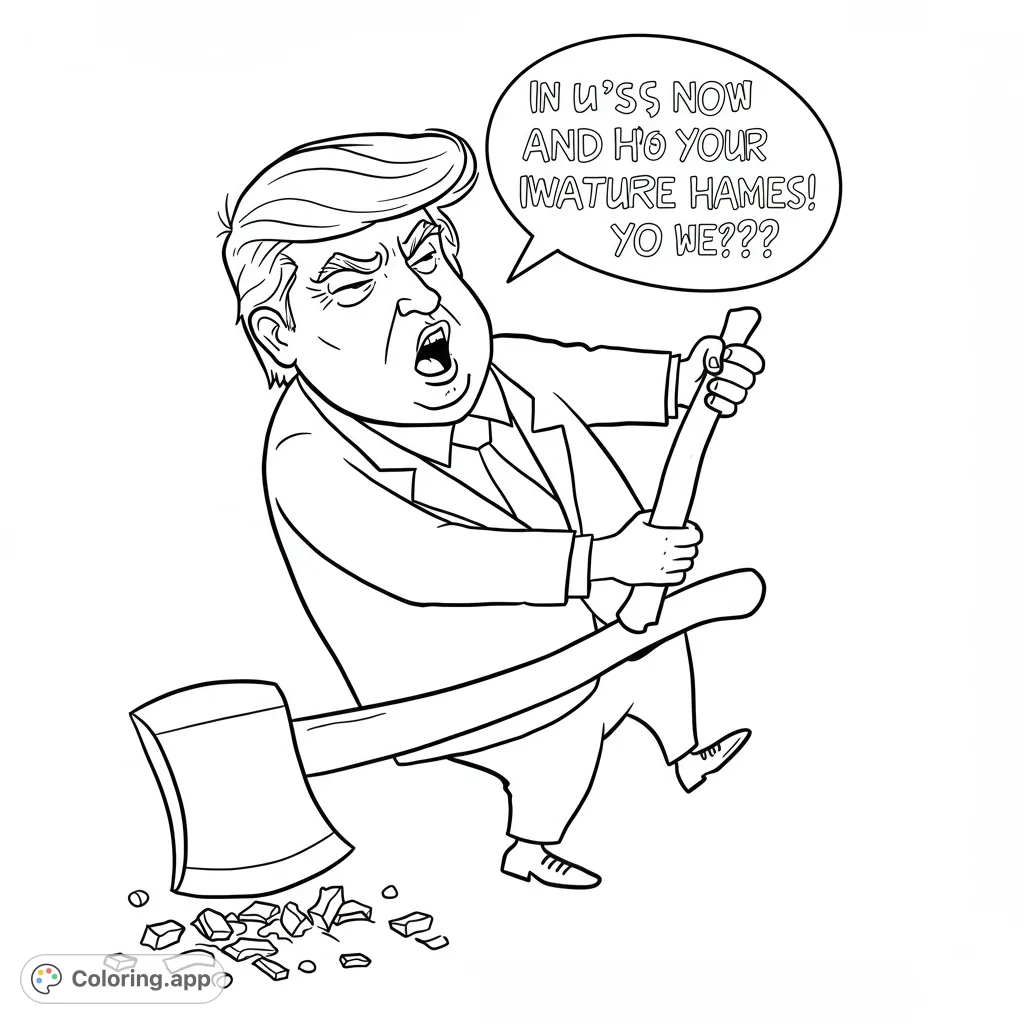Dynamic caricature of a figure in a suit swinging an axe, with wood chips scattered. A unique political satire coloring page for adults.