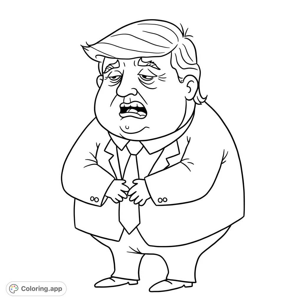 A humorous caricature of a distressed man in a suit, clutching his stomach. A unique free printable coloring page for adults and kids.